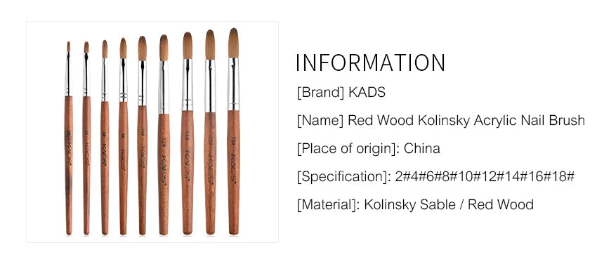 KADS Acrylic Nail Brush Crimped Kolinsky Sable UV Nail Art Gel Extension Brush Manicure Brush Flat Round Red Wood Nail Brush