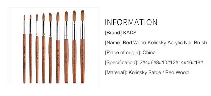 KADS Acrylic Nail Brush Crimped Kolinsky Sable UV Nail Art Gel Extension Brush Manicure Brush Flat Round Red Wood Nail Brush