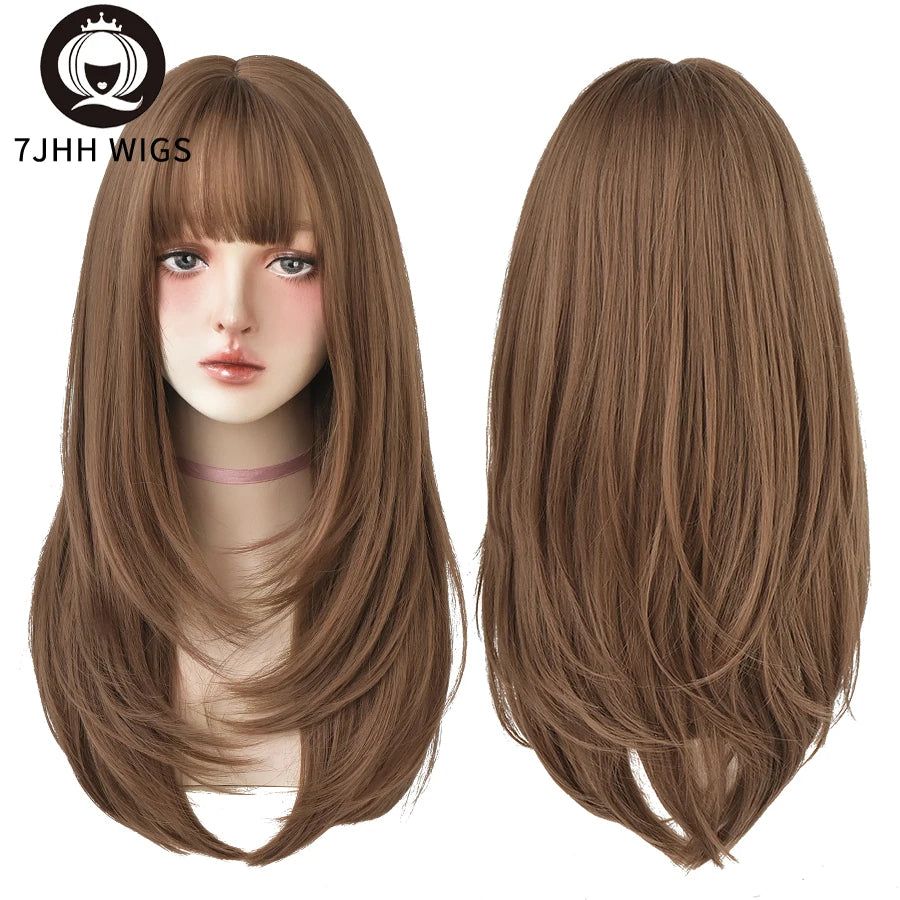 7JHHWIGS Long Wavy Synthetic Black Wigs For Women With Fringe Fashion Heat Resistant Mid-Length Daily Straight Light Brown Hair