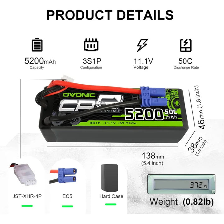 OVONIC 3S Lipo Battery 50C 5200mAh 11.1V Lipo Battery with EC5 Connector for Arrma 1/5 1/8 1/10 RC Car and Truck