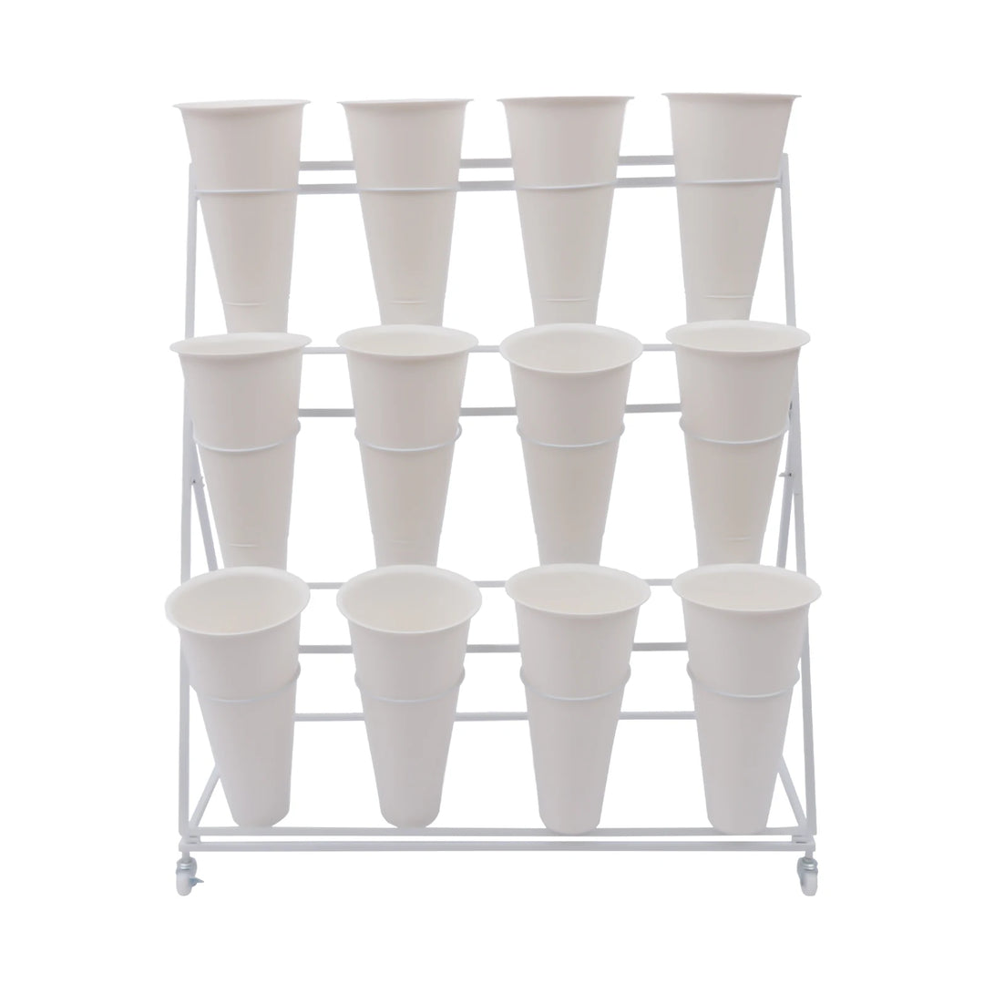 3 Layers Flower Display Stand Movable Modern Metal Plant Shelf with 12Pcs Flower Buckets & Wheels for Home Garden Patio Balcony