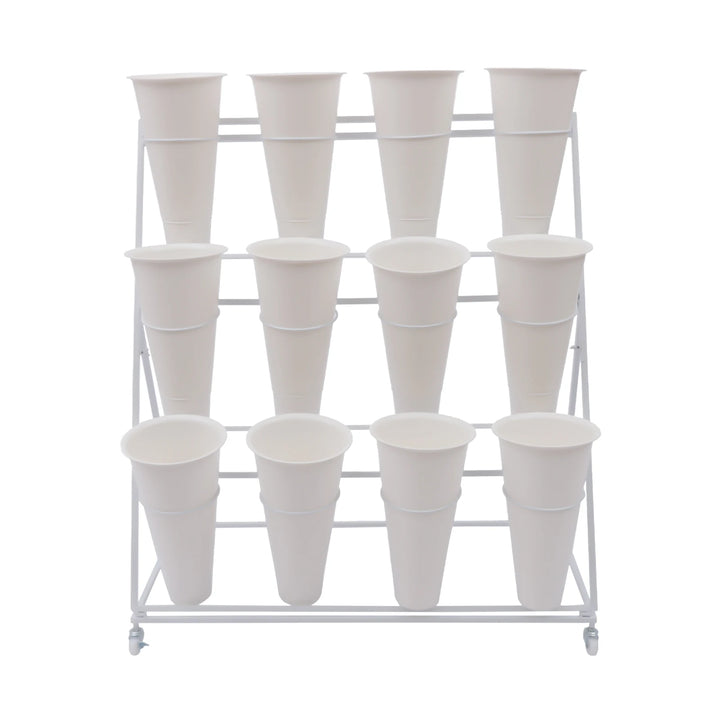 3 Layers Flower Display Stand Movable Modern Metal Plant Shelf with 12Pcs Flower Buckets & Wheels for Home Garden Patio Balcony