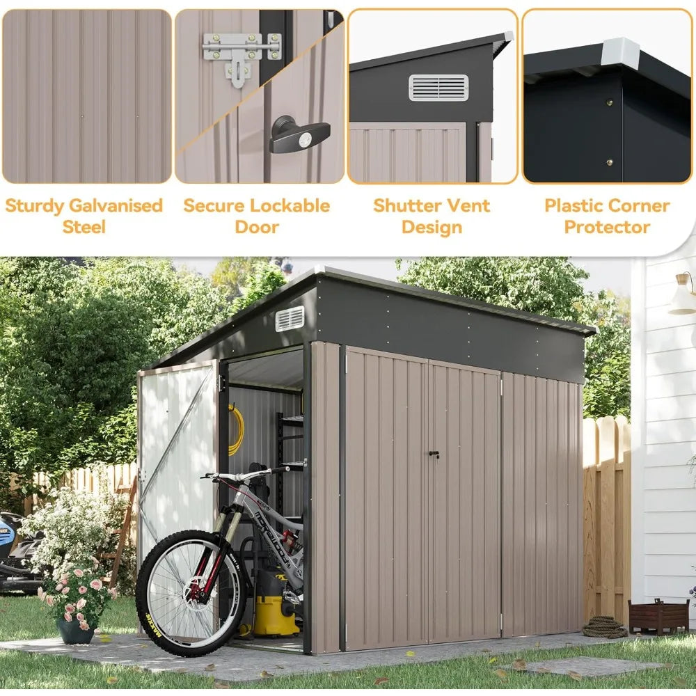 7.5'x5.5' Outdoor Storage Shed with Triple Lockable Doors, Metal Storage Cabinets with Sloping Roof for Tools and Bikes