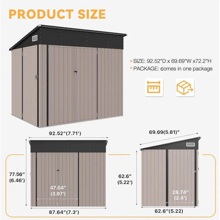 7.5'x5.5' Outdoor Storage Shed with Triple Lockable Doors, Metal Storage Cabinets with Sloping Roof for Tools and Bikes