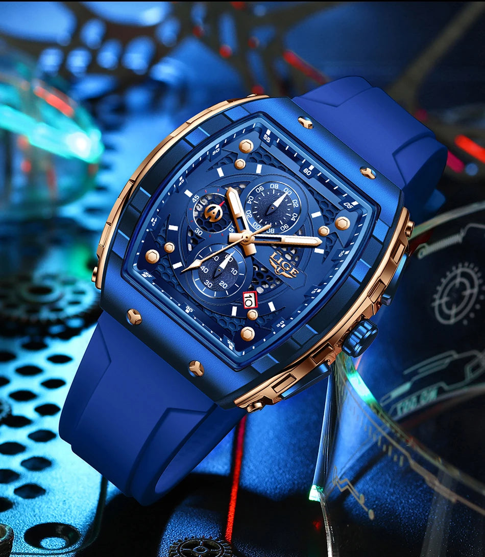 LIGE Top Brand Luxury Square Quartz Watches for Men Fashion Casual Sport 50M Waterproof Man Watch Auto Date Military Chronograph