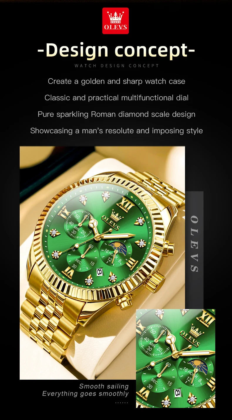 OLEVS New Original Quartz Men's Watches Moon Phase Waterproof Calendar Stainless steel Watch for Men Luminous Luxury Brand Watch