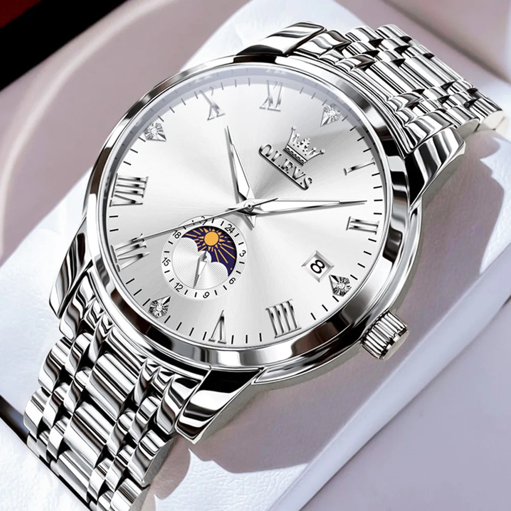 OLEVS Trend Fasahion Men's Watches Stainless Steel Original Quartz Watch for Man Waterproof Luminous Date Moon Phase Wristwatch