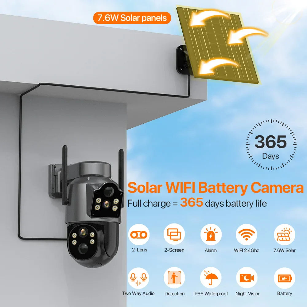 4K HD Solar WiFi Camera Outdoor Built-in Battery Dual Lens 2K Security Camera Solar Panel Wireless Video Surveillance CCTV iCSee