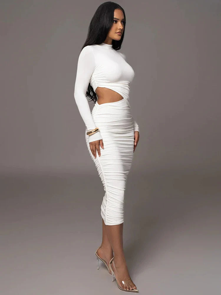 Ahagaga Fashion Sexy Club Hollow Out Dresses Women Regular Casual Solid O-neck Long Sleeve Slim Bodycon Elegant Vestidos Robes