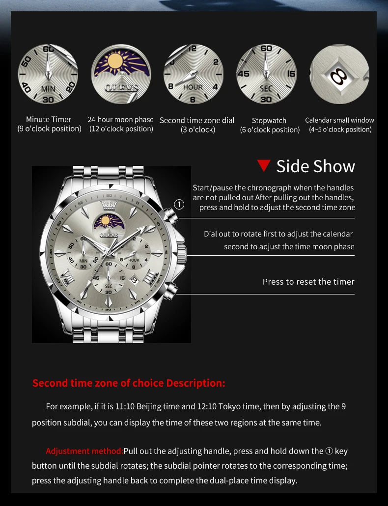 OLEVS Top Moon Phase Fashion Men's Watches Stainless steel Waterproof Quartz Watch for Man Calendar Luminous Daily Wristwatch