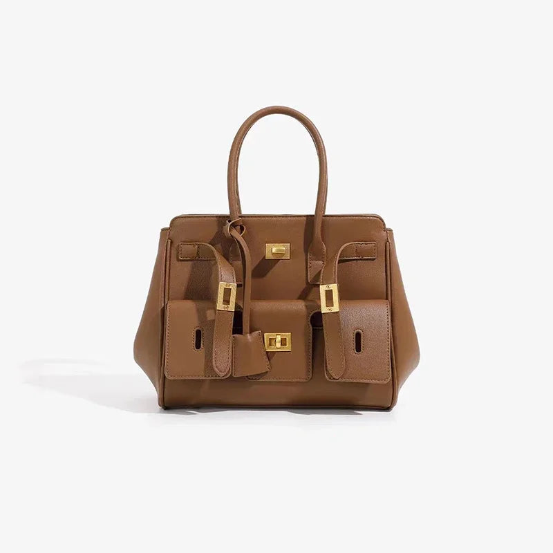 Luxury Brand Silver Buckle Fashion Genuine Leather Handbag New Large Capacity Tote Bag Designer Women's Commuter Shoulder Bag