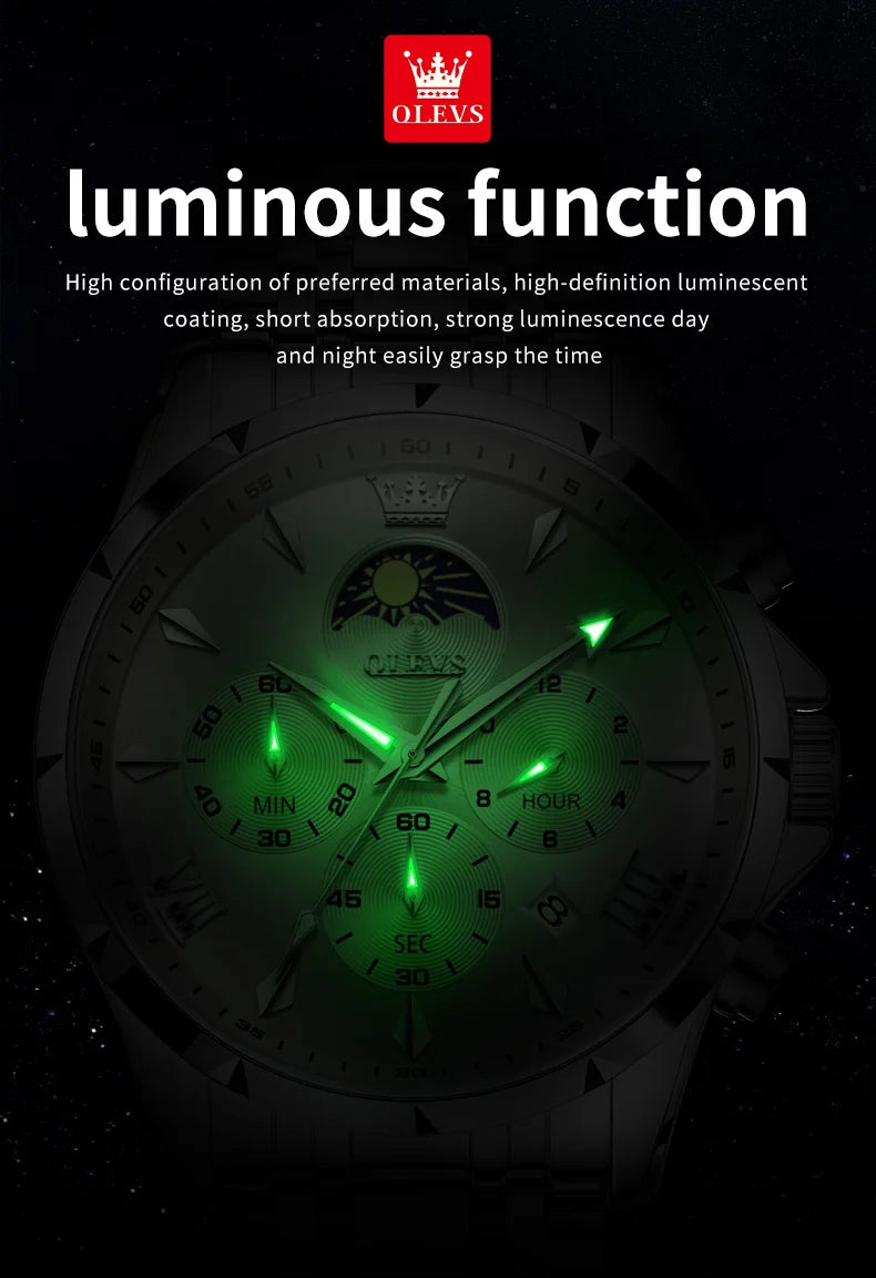 OLEVS Top Moon Phase Fashion Men's Watches Stainless steel Waterproof Quartz Watch for Man Calendar Luminous Daily Wristwatch