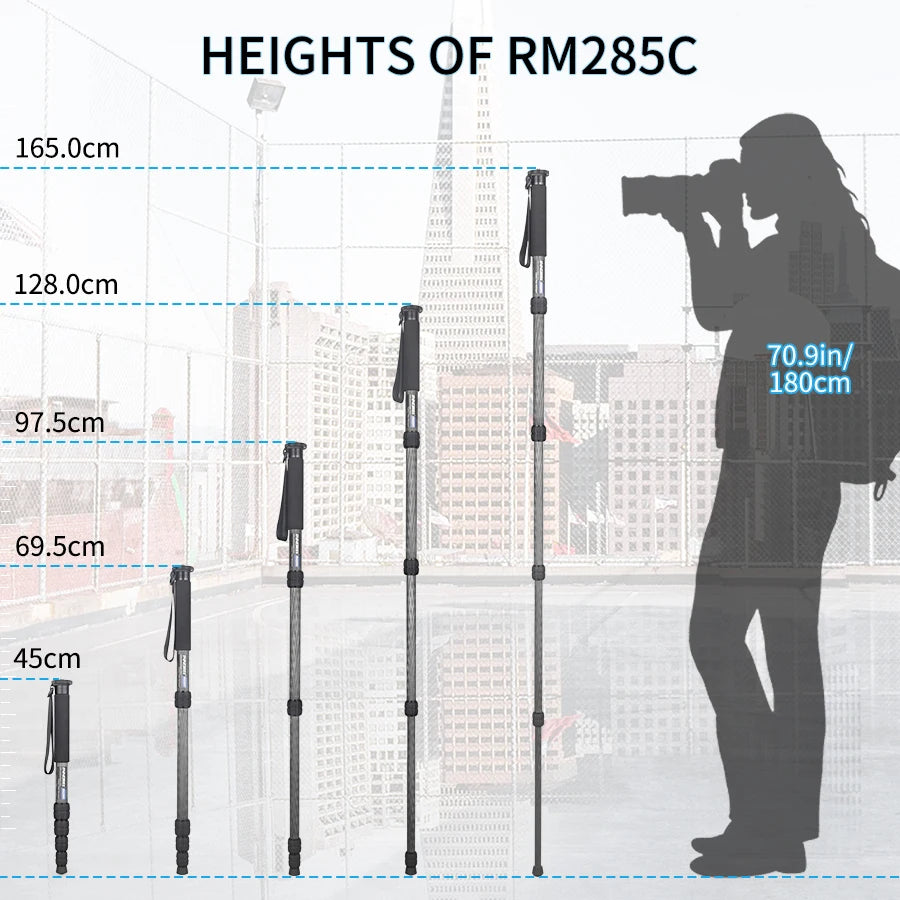 RM285C/RM325C Professional Carbon Fiber Monopod for Canon Nikon Sony DSLR Camera Video Camcorder 5-Section Photography Bracket