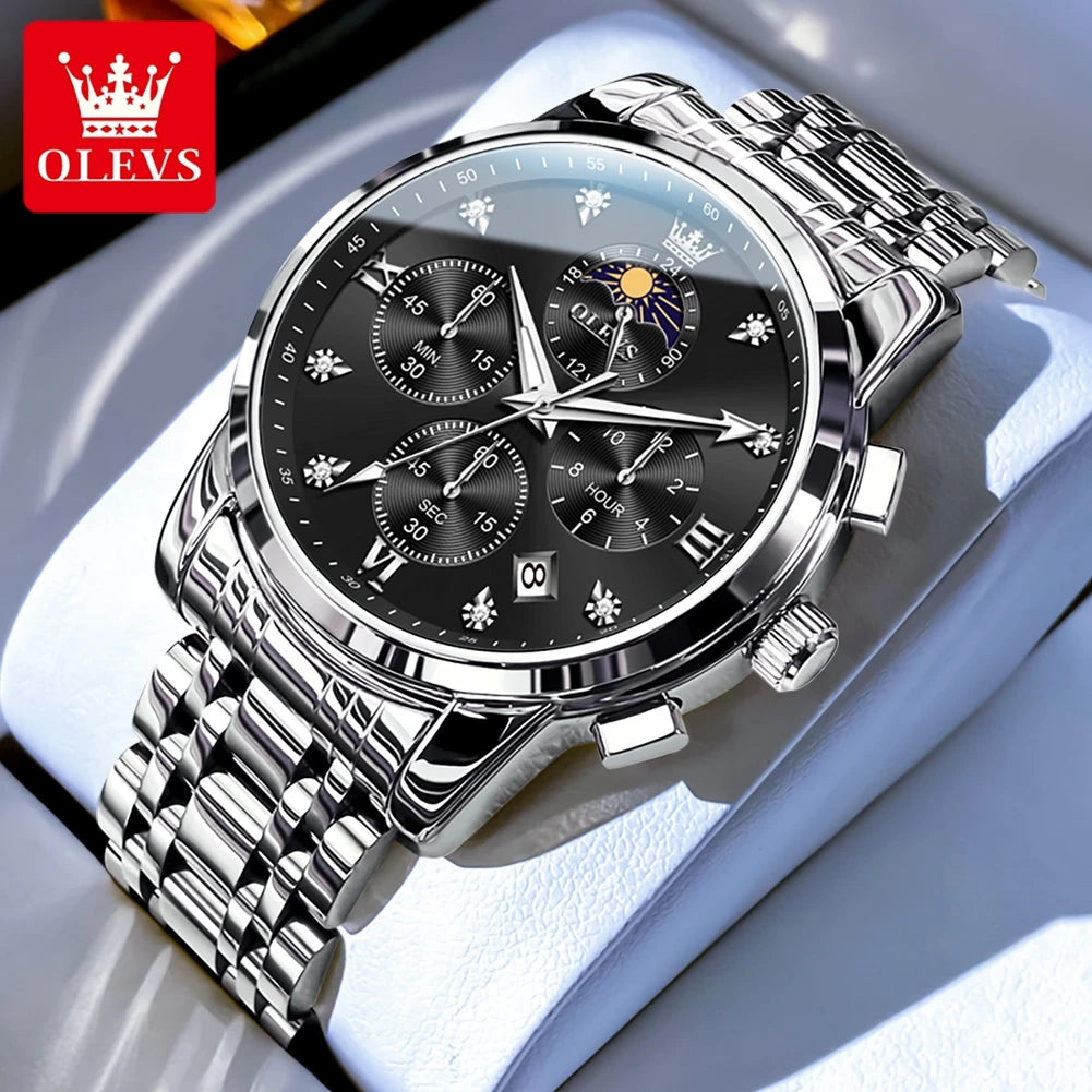 OLEVS Top Luxury Brand Men's Watches Moon Phase Chronograph Quartz Watch for Man Gold Stainless Steel Luminous Original Watch
