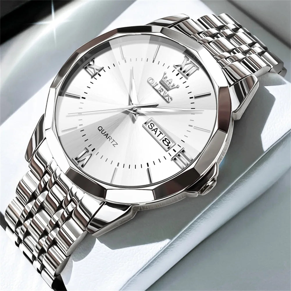 OLEVS Men's Watches Causal Fashion Original Quartz Watch for Man Waterproof Stainless Steel Luminous Date Week Trend Dress Reloj