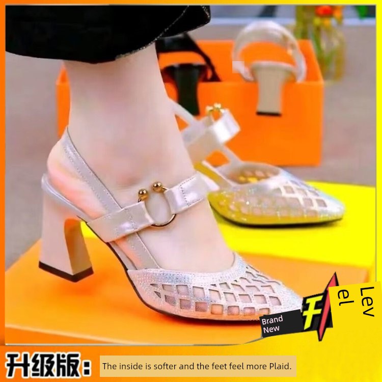 Jianerkang Genuine Leather Closed Toe Sandals Women's New Mesh Rhinestone Hollowed Women's Shoes Chunky Heel Pointed High Heels 2025