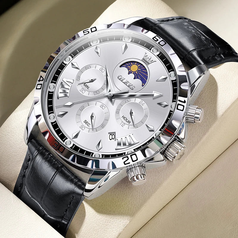 OLEVS Original Moon Phase Men Watches Luminous Skeleton Waterproof Quartz Watch Calendar Chronograph Stainless Steel Wristwatch