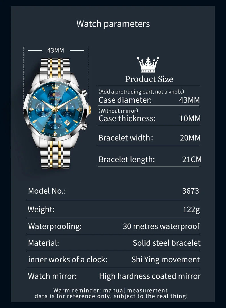 OLEVS 3673 Mens Watch Original Business Brand Quartz Watch Rhombus Mirror Waterproof Luminous Automatic Date Moon Phase Watch