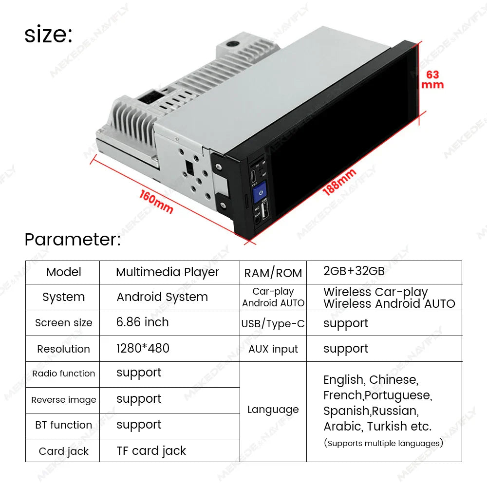 Navifly 2G+32G Universal 1 Din Android 6.86 Inch HD Touch Screen Wireless CarPlay Auto Car Radio Multimedia Video Player GPS FM
