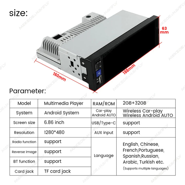 Navifly 2G+32G Universal 1 Din Android 6.86 Inch HD Touch Screen Wireless CarPlay Auto Car Radio Multimedia Video Player GPS FM