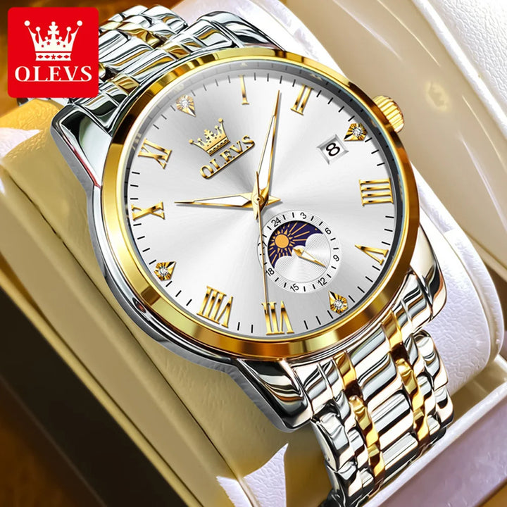 OLEVS Trend Fasahion Men's Watches Stainless Steel Original Quartz Watch for Man Waterproof Luminous Date Moon Phase Wristwatch
