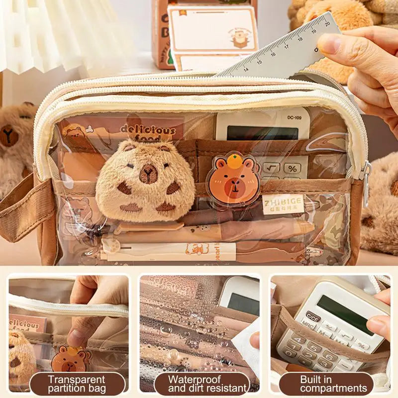 Clear Plastic Pencil Case With Cute Capybara Plush And Pins Multi-layers Pouch Large Capacity Aesthetic Pencil Pouch Stationary