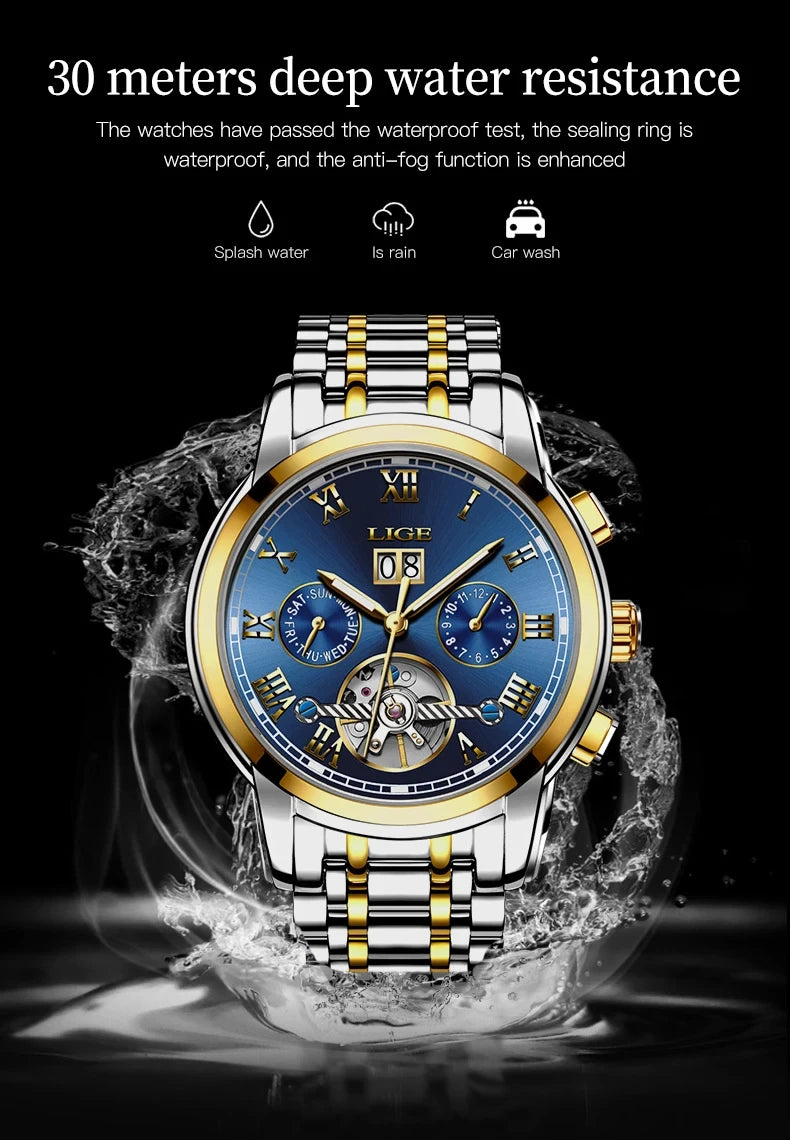 LIGE Fashion Men's Mechanical WristWatches Business Waterproof Tourbillon Watch Men Top Brand Luxury Automatic Watches For Men