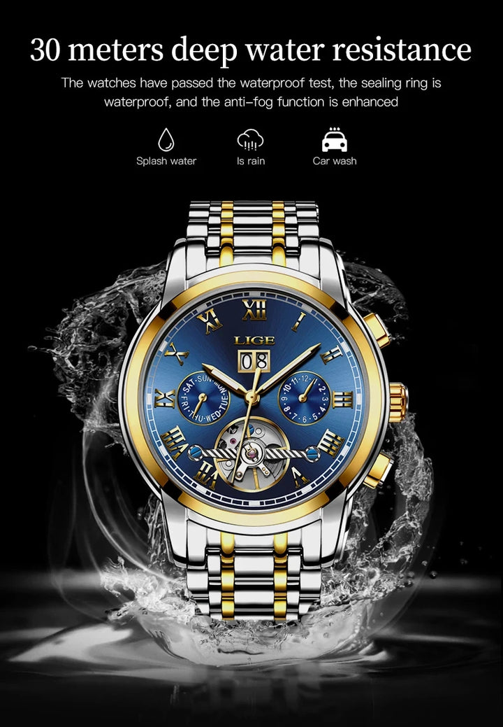 LIGE Fashion Men's Mechanical WristWatches Business Waterproof Tourbillon Watch Men Top Brand Luxury Automatic Watches For Men