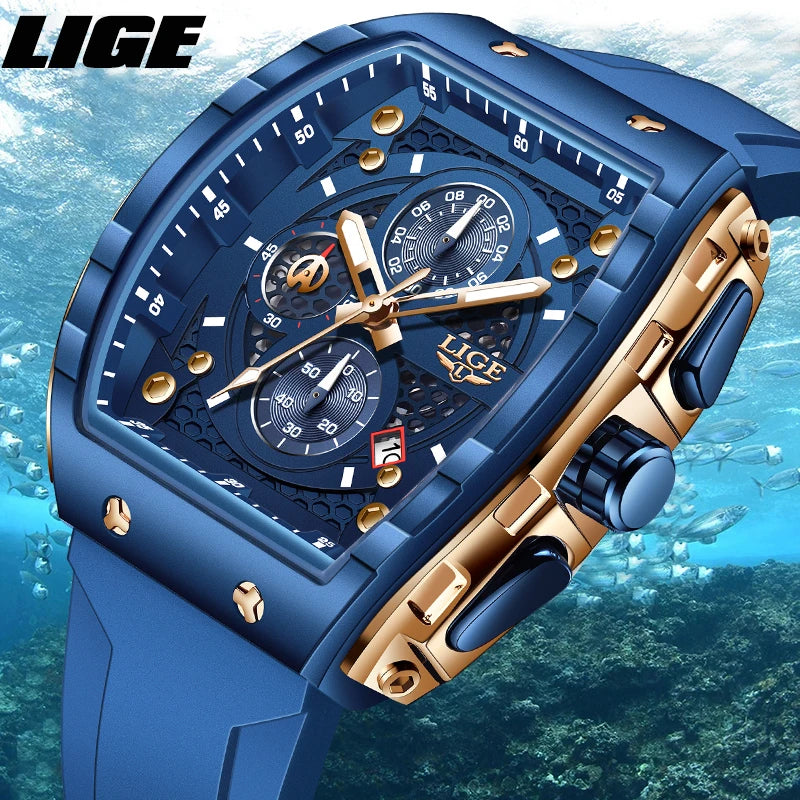 LIGE Outdoor Square Casual Sport Quartz Man Watch Top Brand Luxury Watches Fashion 50M Waterproof Auto Date Silicone Chronograph