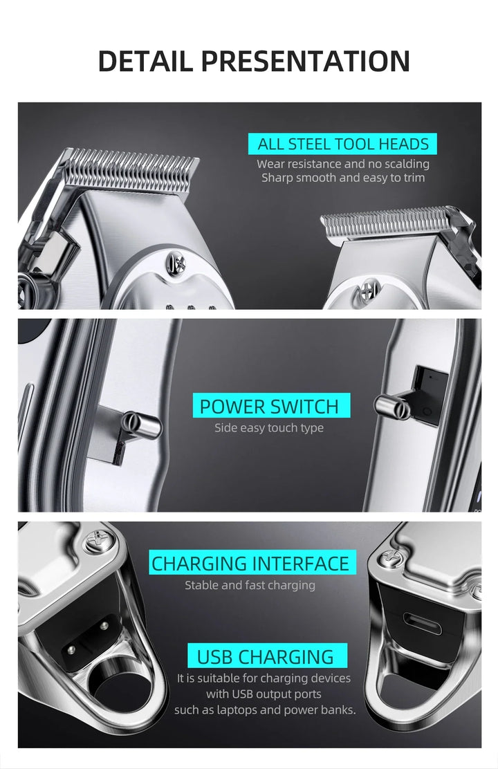 KIKIDO 2in1 Adjustable Cordless Hair Cutting Machine Full Metal Combo Kit Barber Hair Clipper Beard Shaver Kit for Men Gift2575T