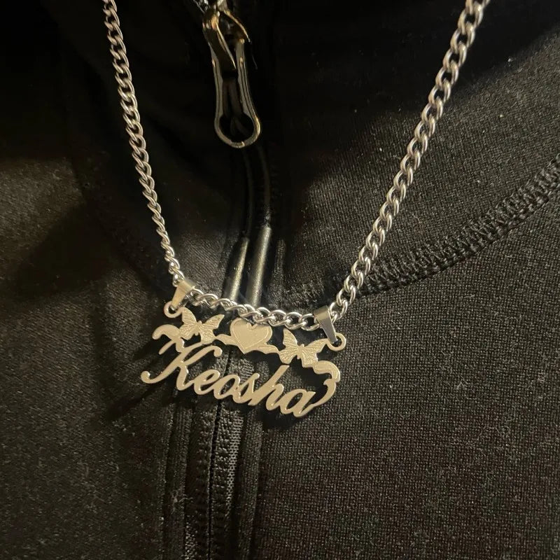 Custom Name Necklace With Butterfly Heart Detachable Pendant Women Girl Jewelry Stainless Steel Personalized Handmade Gifts