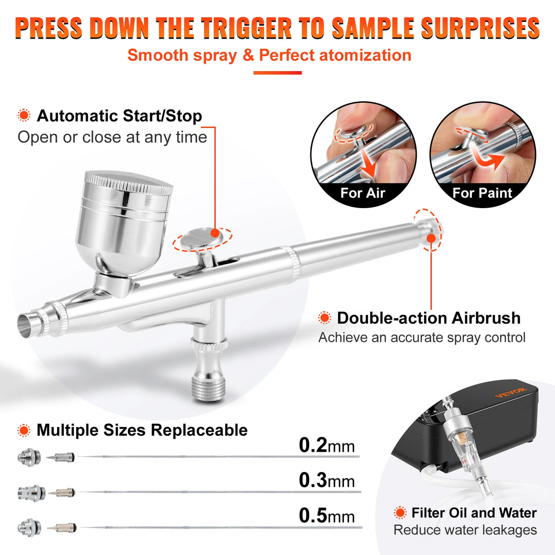 VEVOR Dual-Action Airbrush Kit Multifunctional Airbrush System Compressor 0.3mm Spray Gun for Cake Painting Nail Makeup Model
