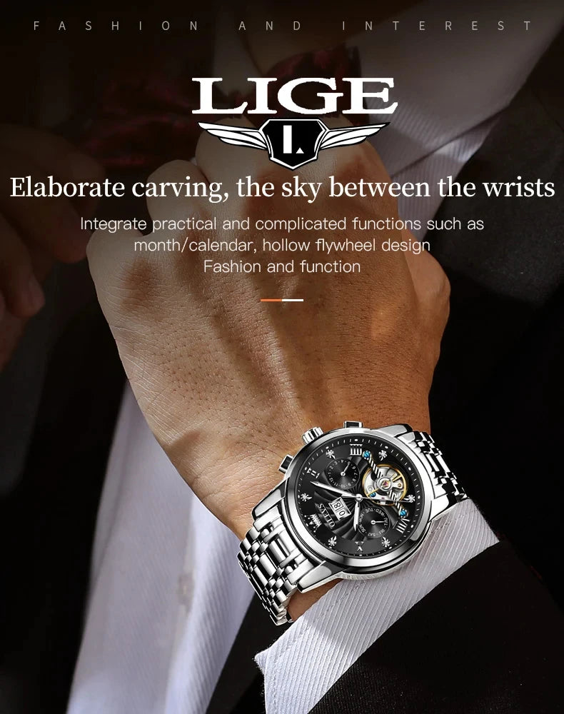 LIGE Fashion Men's Mechanical WristWatches Business Waterproof Tourbillon Watch Men Top Brand Luxury Automatic Watches For Men