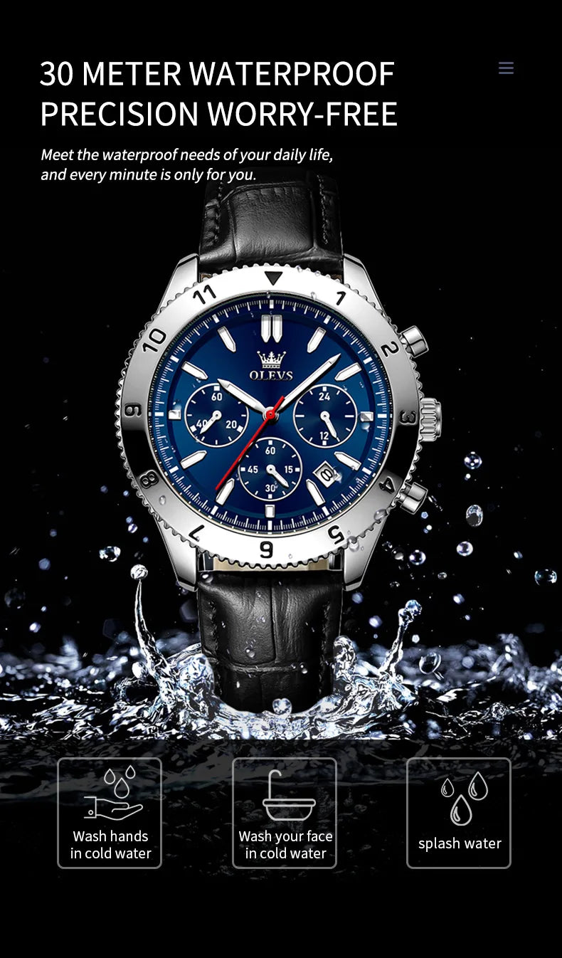 OLEVS Original Quartz Watch for Men Leather Strap Chronograph Calendar Waterproof Luminous Men's Wristwatches Relógio Masculino