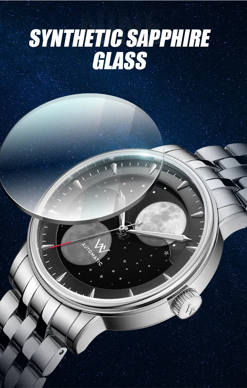 WM Watch Welly Merck Automatic Mechanical Watches Men Lunar Moon Phase Sapphire Waterproof Man Luminous Twin Moons Watch WM142