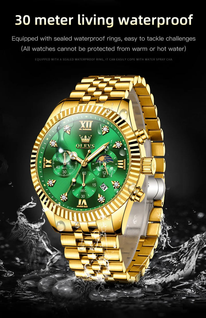 OLEVS Men's Watches Luxury Gold Original Quartz Watch for Man Waterproof Classic Commemorative Strap Moon Phase Chronograpgh
