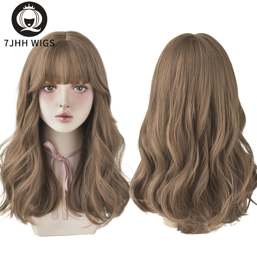 7JHHWIGS Long Wavy Synthetic Black Wigs For Women With Fringe Fashion Heat Resistant Mid-Length Daily Straight Light Brown Hair