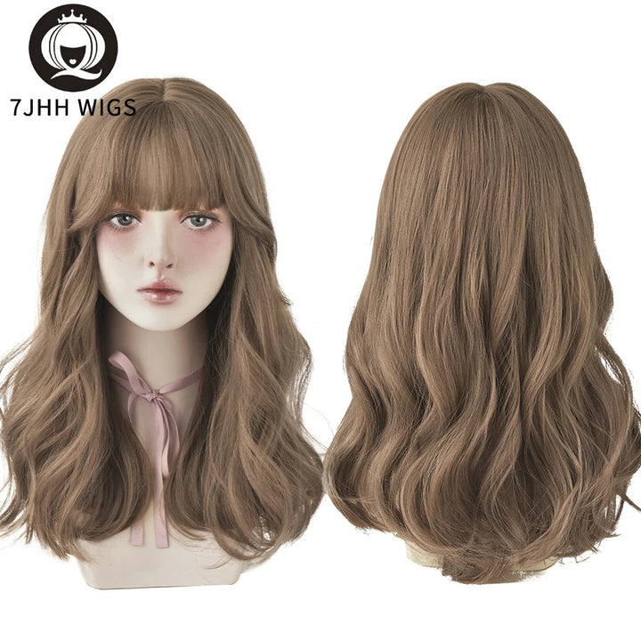 7JHHWIGS Long Wavy Synthetic Black Wigs For Women With Fringe Fashion Heat Resistant Mid-Length Daily Straight Light Brown Hair