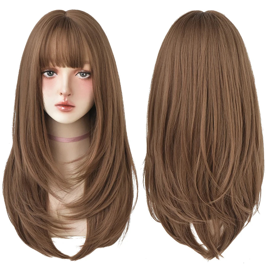 7JHHWIGS Long Wavy Synthetic Black Wigs For Women With Fringe Fashion Heat Resistant Mid-Length Daily Straight Light Brown Hair