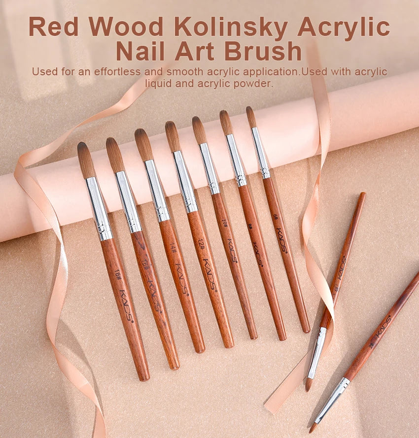 KADS Acrylic Nail Brush Crimped Kolinsky Sable UV Nail Art Gel Extension Brush Manicure Brush Flat Round Red Wood Nail Brush