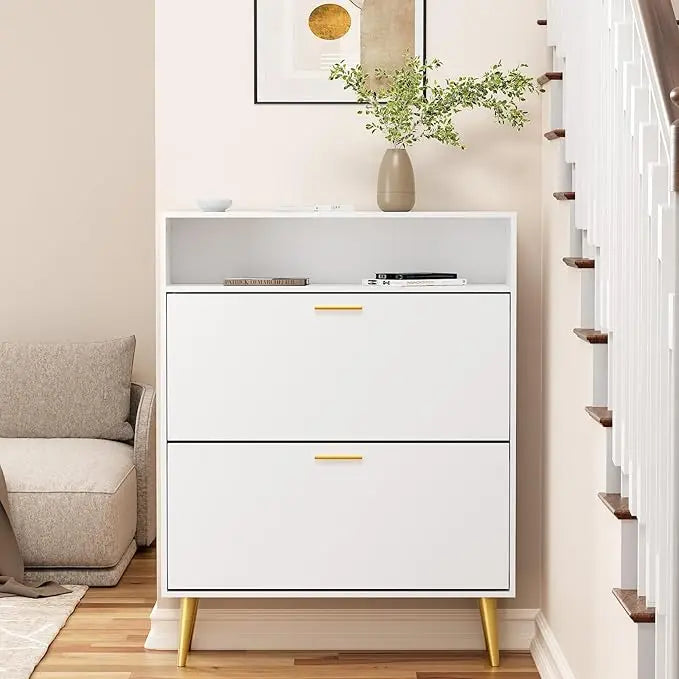 Slim Shoe Cabinet with 2 Flip Drawers