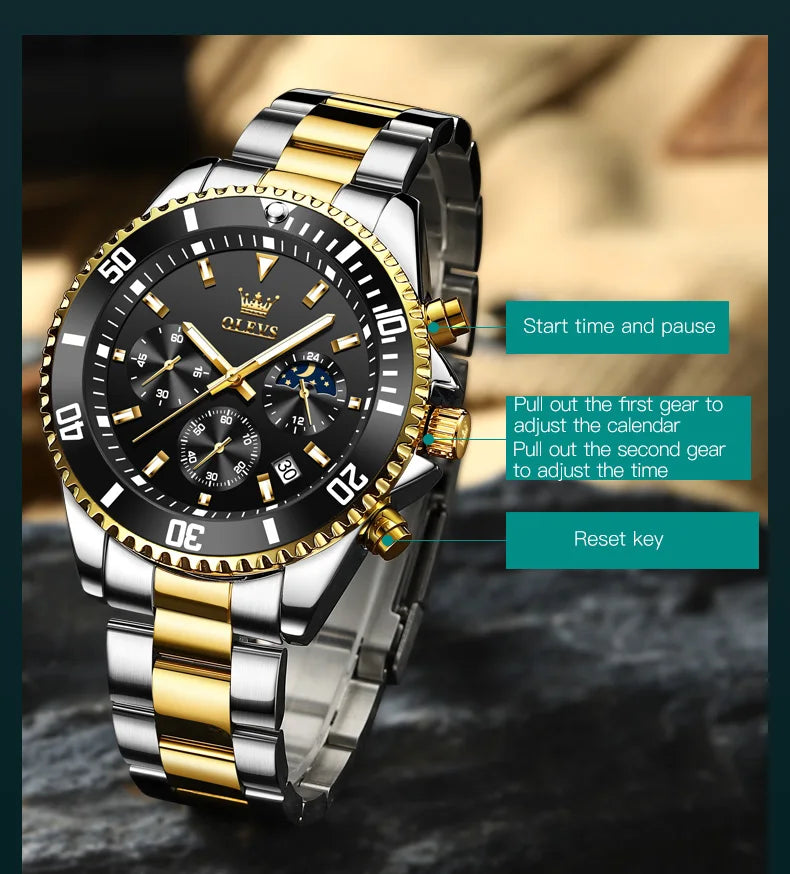 OLEVS Moon Phase Men's Watches Original Waterproof Luxury Quartz Watch Stainless Steel Chronograph Date Rota Dial Wristwatch
