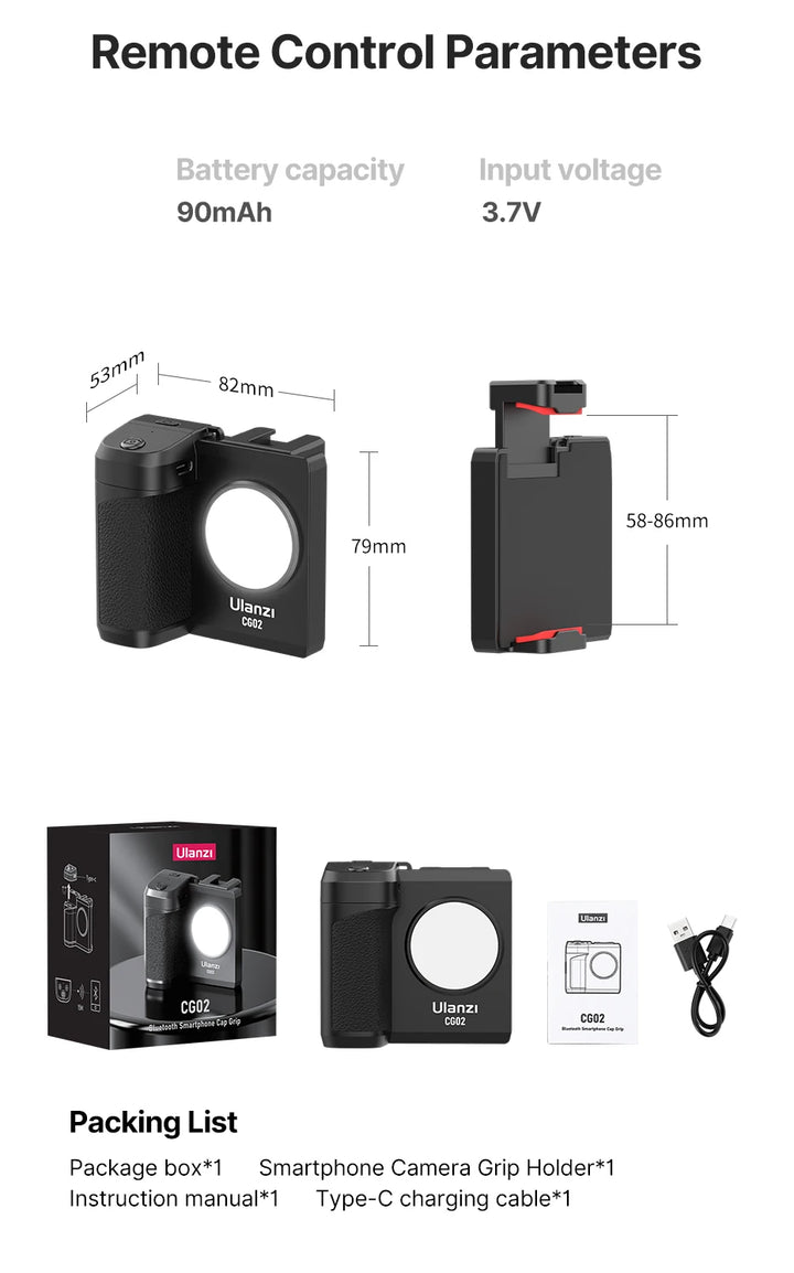 Ulanzi CG02 Smartphone Selfie Grip Wireless Bluetooth Handle with 5500k Fill Light Phone As Camera Photo Stabilizer