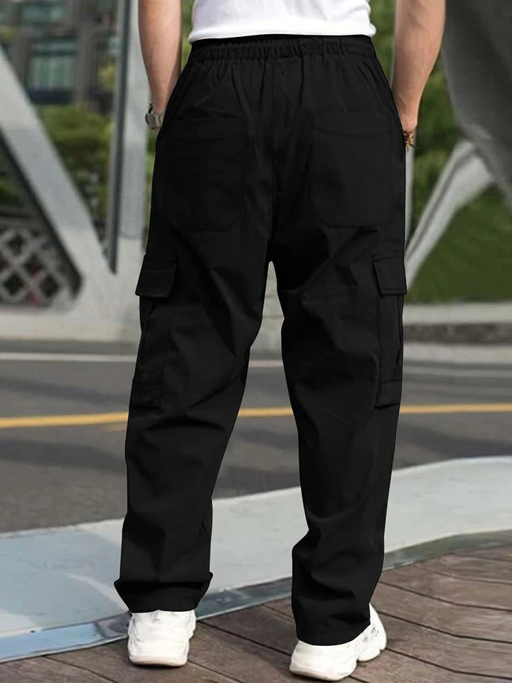 Men s Loose Cargo Long Pants Solid Color Drawstring Waist Straight Leg Trousers Casual Work Pants with Pockets