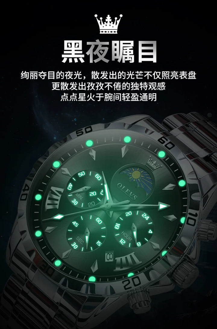 OLEVS Original Moon Phase Men Watches Luminous Skeleton Waterproof Quartz Watch Calendar Chronograph Stainless Steel Wristwatch