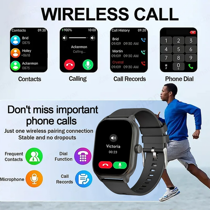 Smart watch, wireless calling/dial, multi-Sport mode, calling reminder and rejection, SMS reminder, for iPhone/Andriod
