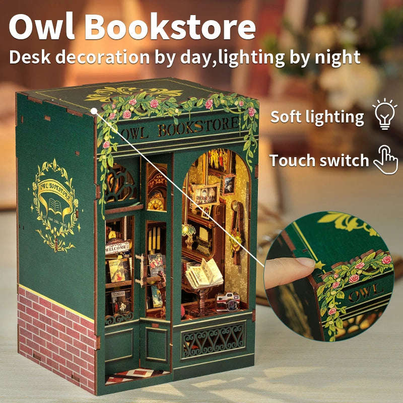 CUTEBEE Bookstore Book Nook with Light DIY Miniature Wooden Dollhouse for Decor Gift Bookshelf Insert Kit 3D Puzzle