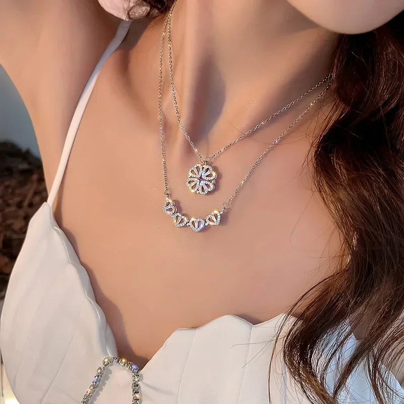 Small and Versatile Light Luxury No Fading Four Leaf Clover Lucky Heartdetachable Pendant Two Fashionable Collarbone Chains