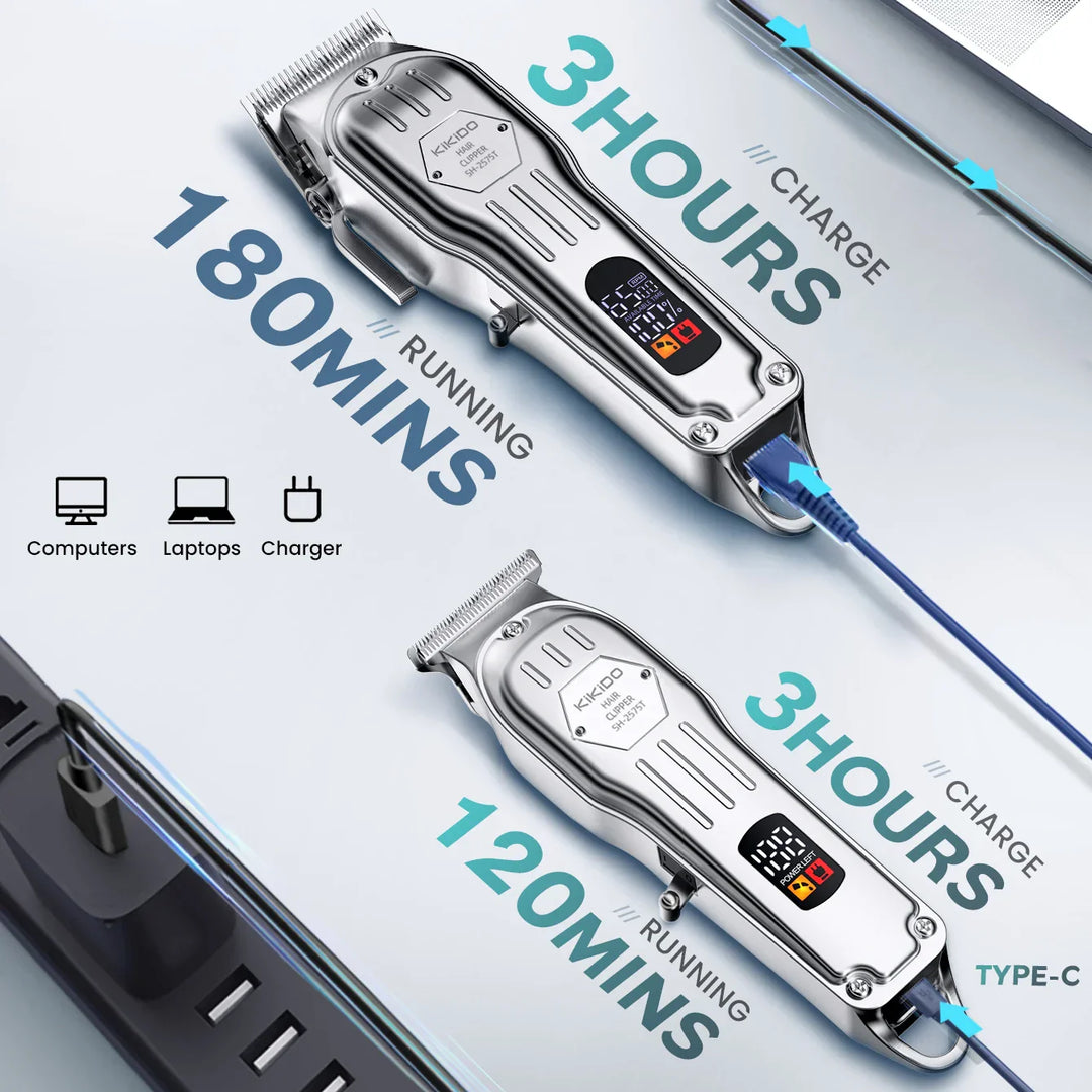 KIKIDO 2in1 Adjustable Cordless Hair Cutting Machine Full Metal Combo Kit Barber Hair Clipper Beard Shaver Kit for Men Gift2575T