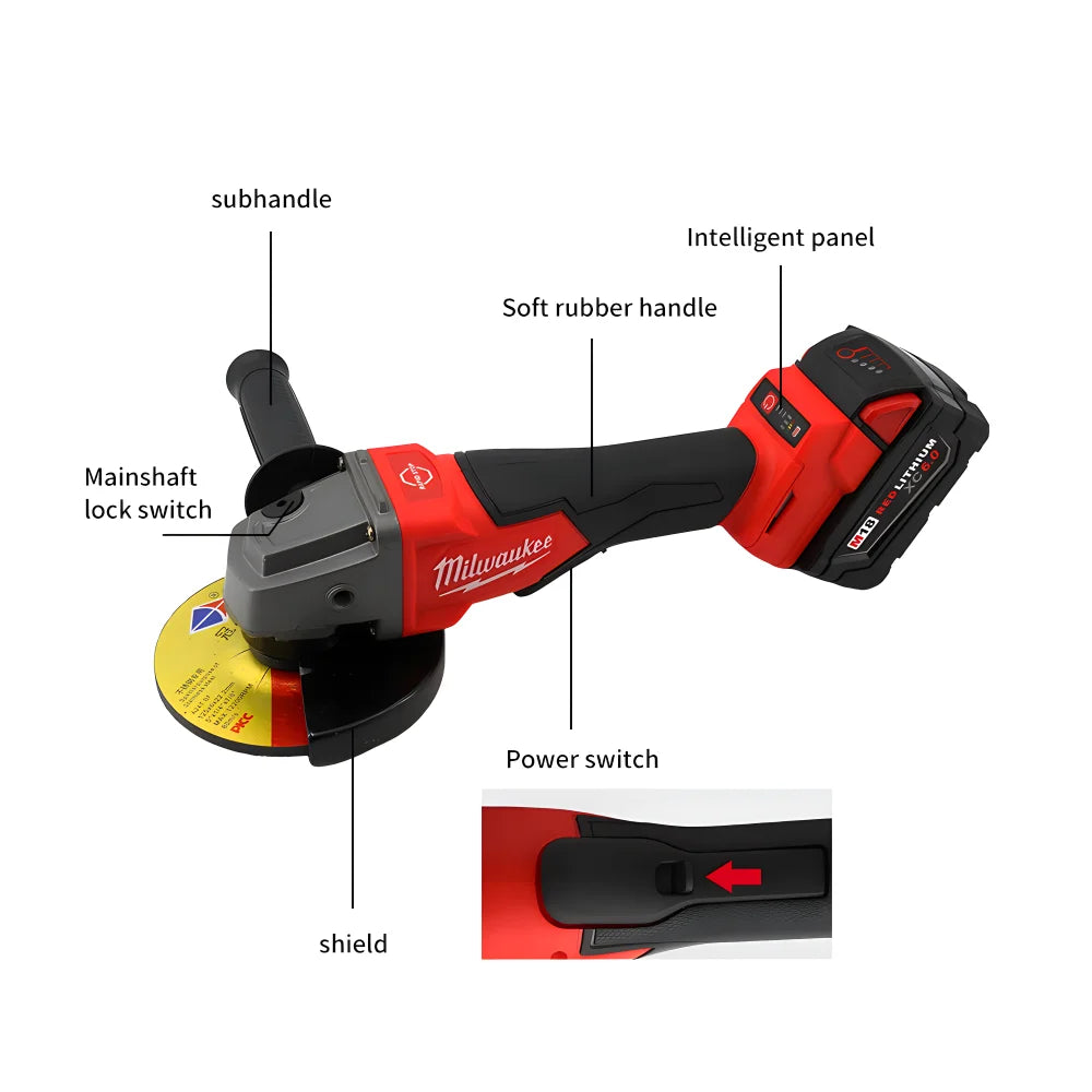 Milwaukee 100/125mm Brushless Angle Grinder Polishing Cutting Machine 18V Battery High Power Electric Cordless Power Tools